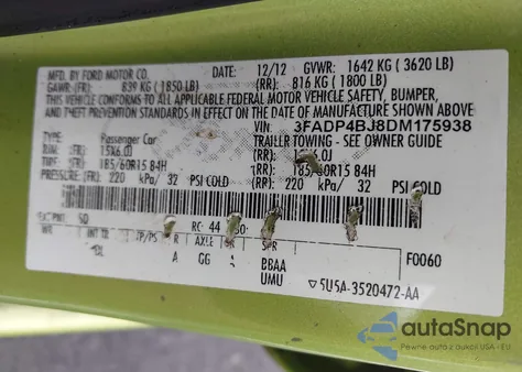 2013 Ford Fiesta Se из США, поврежденный, VIN 3FADP4BJ8DM175938